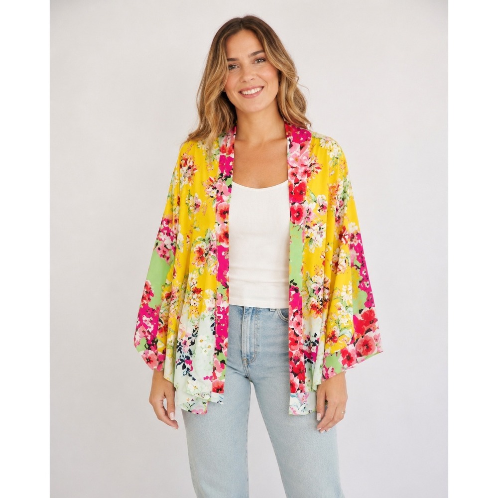 Floral Kimono Cardigan Womens Medium Yellow Akemi + Kin Bohoigan S/M